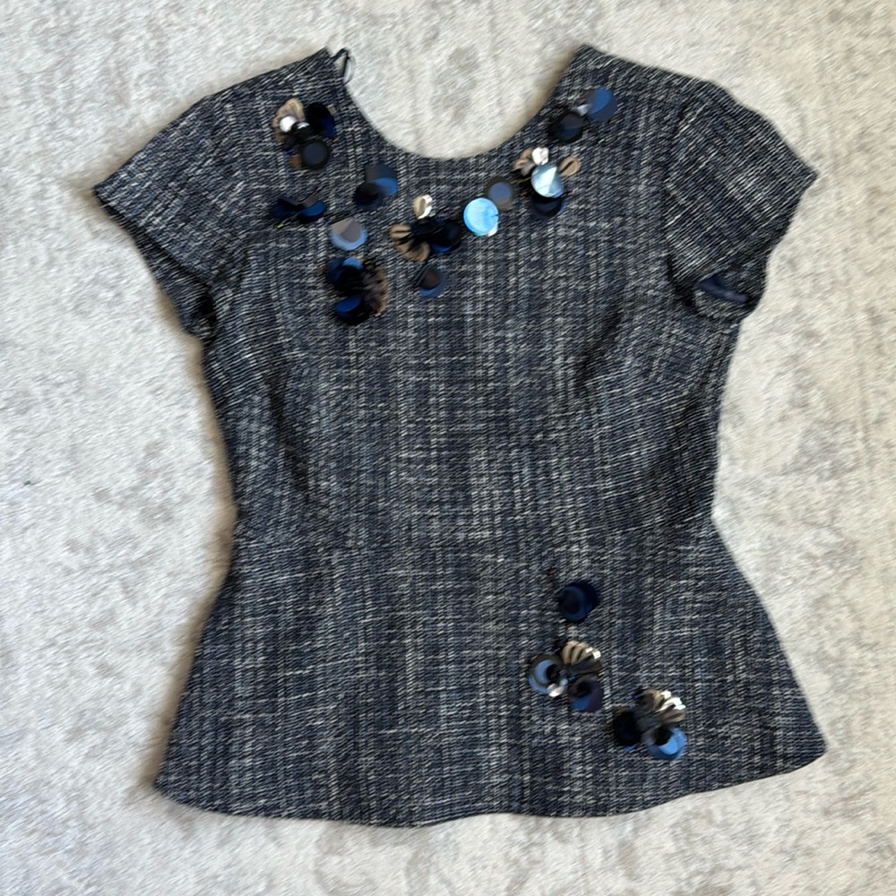 BR tweed blue embellished sequin blouse.